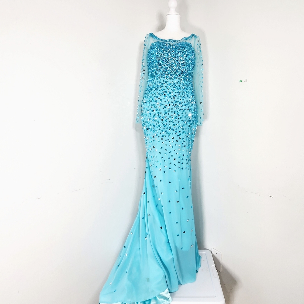 Elsa Frozen inspired ice blue custom formal gown Beaded open-back train size 6/8